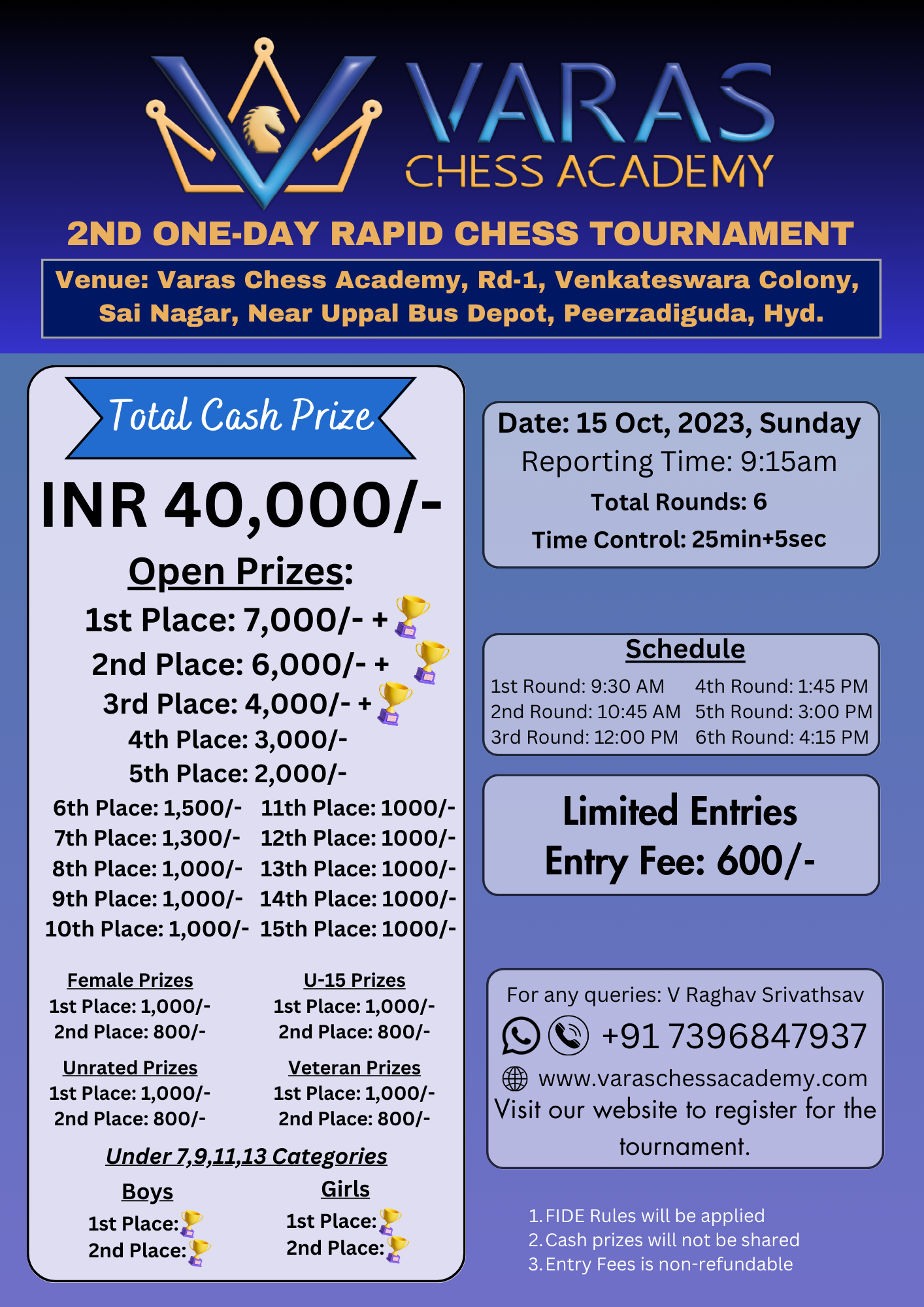 Varas Chess Academy 2nd One Day Rapid Chess Tournament 15 Oct 2023